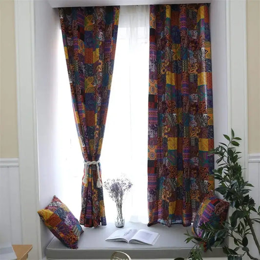 Vibrant cotton linen bohemian retro purple and yellow patchwork curtains with intricate patterns for living room decorbites bohemian retro ethnic style
