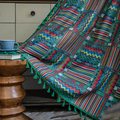 Vibrant bohemian retro cotton linen curtains with purple yellow zigzag patterns and green tassels for living room decorbites ethnic decor