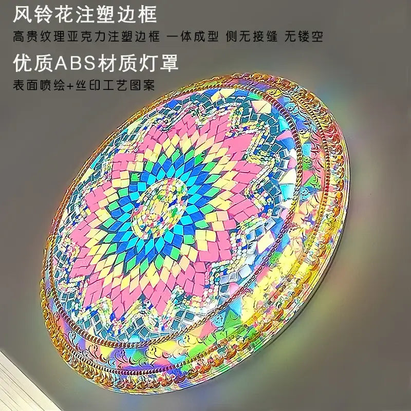 Vibrant bohemian romantic art oval ceiling lamp with pink blue yellow green mosaic tiles and gold trim decorbites style