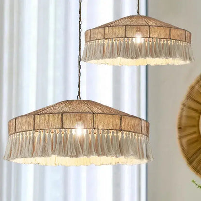 Bohemian tassel chandelier with natural woven design warm earthy tone and soft white tassels for bedroom decorbites bohemian tassel