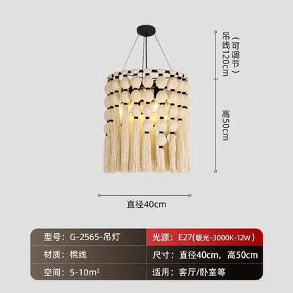 Beige cotton bohemian tassel pendant led light with tiered tassel design and adjustable black metal chain decorbites bohemian tassel