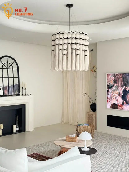 White bead bohemian tassel pendant led light with beige macrame and tassel elements for bedroom decorbites decor