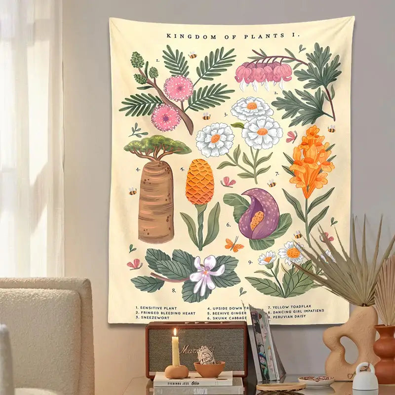 Beige botanical tapestry with vibrant pink white orange and purple flowers on cream background for decorbites botanical wildflower reference chart wall hanging