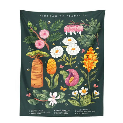 Bohemian teal botanical wildflower reference chart tapestry with dark green background and vibrant floral decorbites botanical wildflower
