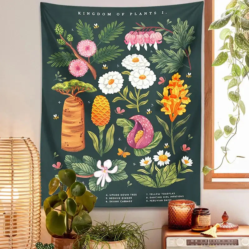 Bohemian teal botanical wildflower reference chart bedroom wall hanging with dark green tapestry and illustrated pink white yellow flowers