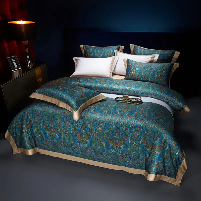 Luxurious teal and gold paisley-patterned egyptian cotton bedding set with elegant beige trim decorbites bohemian style