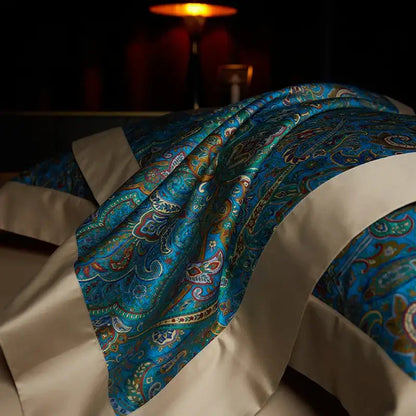 A luxurious teal and gold paisley-patterned satin bed runner with cream trim from decorbites bohemian style egyptian cotton bedding set