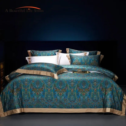 Bohemian teal and gold paisley bedding set with satin trim made of egyptian cotton by decorbites bohemian style
