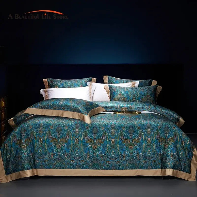 Bohemian teal and gold paisley bedding set with satin trim made of egyptian cotton by decorbites bohemian style