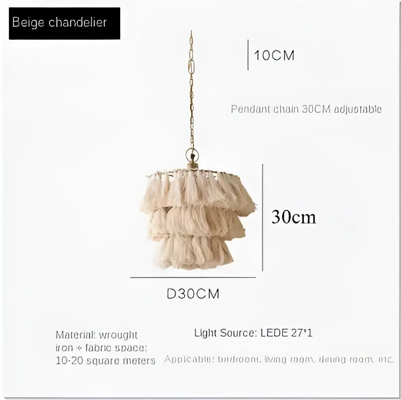 Beige tiered decorbites bohemian vintage pendant light with wrought iron frame fabric fringe and adjustable chain