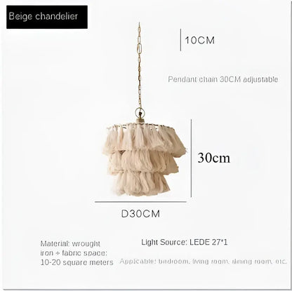 Beige tiered decorbites bohemian vintage pendant light with wrought iron frame fabric fringe and adjustable chain
