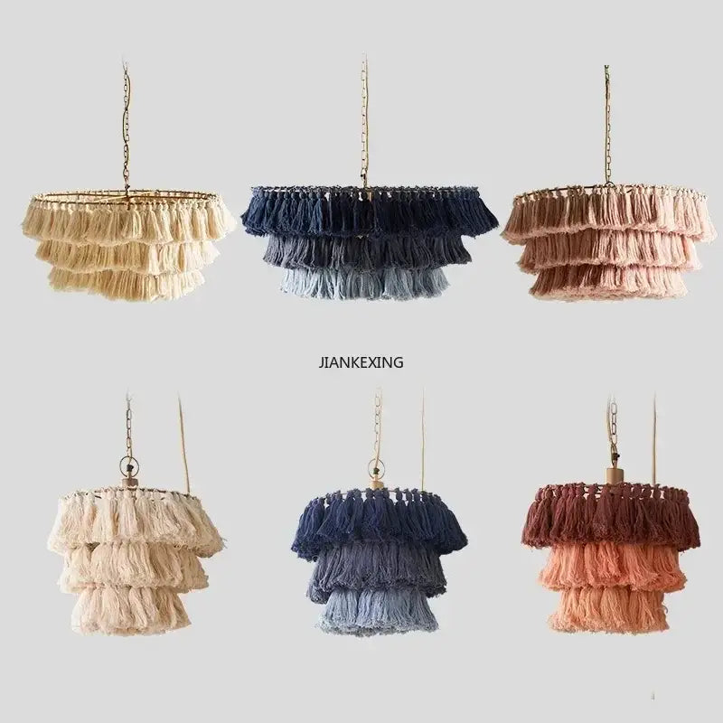 Beige navy blue and terracotta tiered macrame fringe pendant light with brass hardware for decorbites bohemian vintage fela decor
