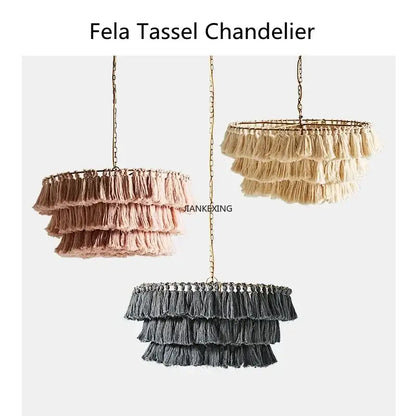 Three tiered tassel pendant light in soft pink beige and dark gray with rustic metal frame decorbites bohemian vintage fela