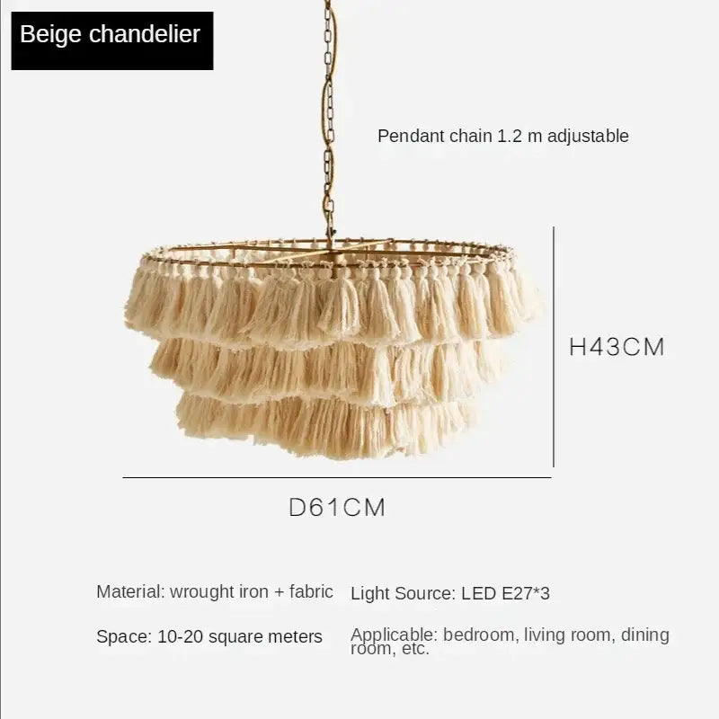Beige tiered pendant light with cascading fabric tassels and wrought iron frame by decorbites bohemian vintage fela