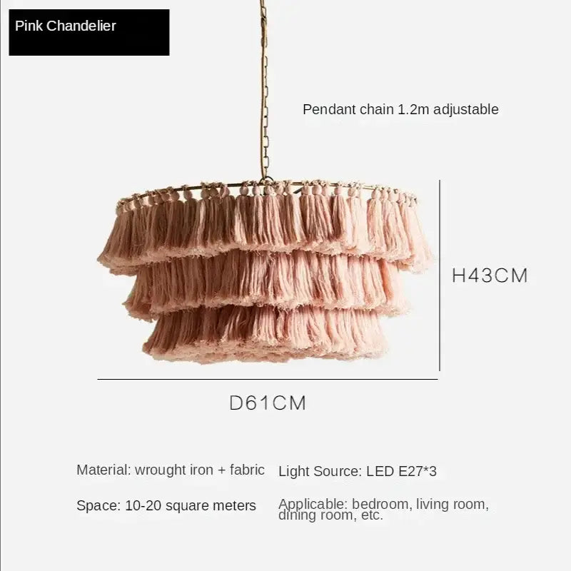 Bohemian vintage fela pink tassel pendant light with tiered fabric tassels and wrought iron frame for bedroom decorbites decor