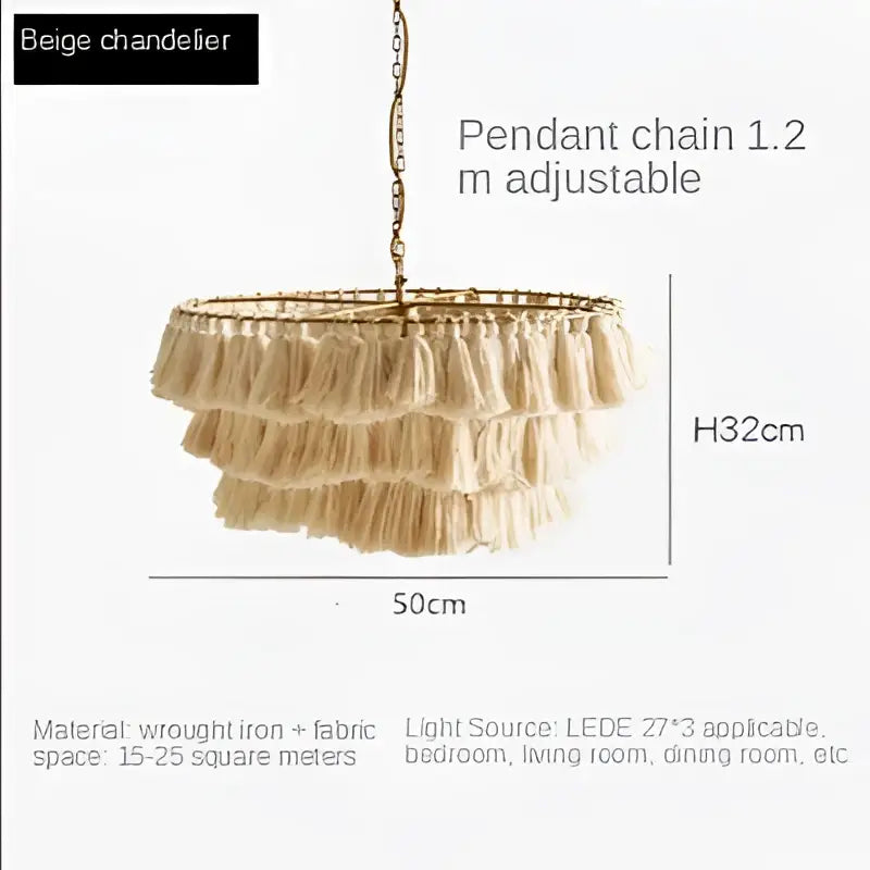 Beige tiered pendant light with fringed fabric layers and wrought iron frame for decorbites bohemian vintage fela decor