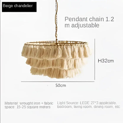 Beige tiered pendant light with fringed fabric layers and wrought iron frame for decorbites bohemian vintage fela decor