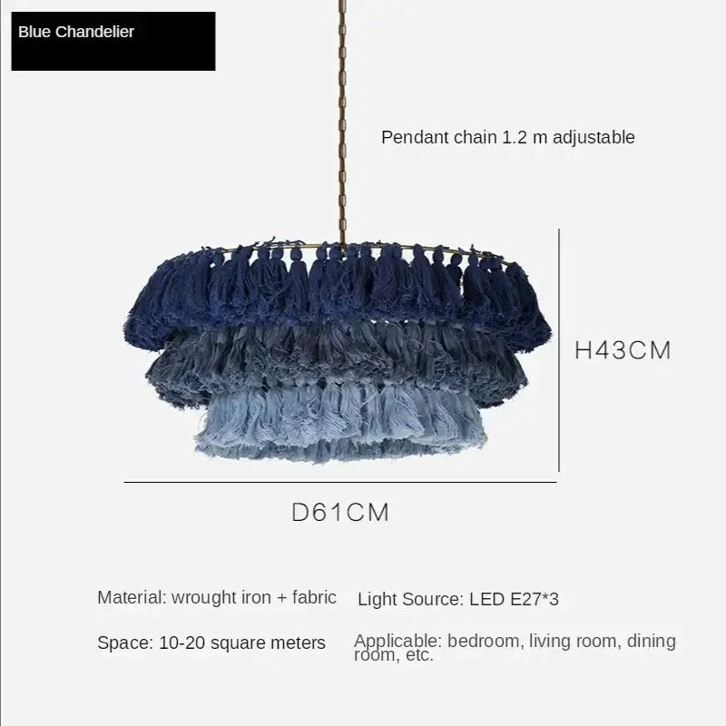 Blue tiered pendant light with cascading fabric tassels and wrought iron frame for decorbites bohemian vintage fela decor