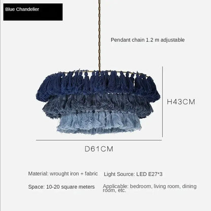 Blue tiered pendant light with cascading fabric tassels and wrought iron frame for decorbites bohemian vintage fela decor