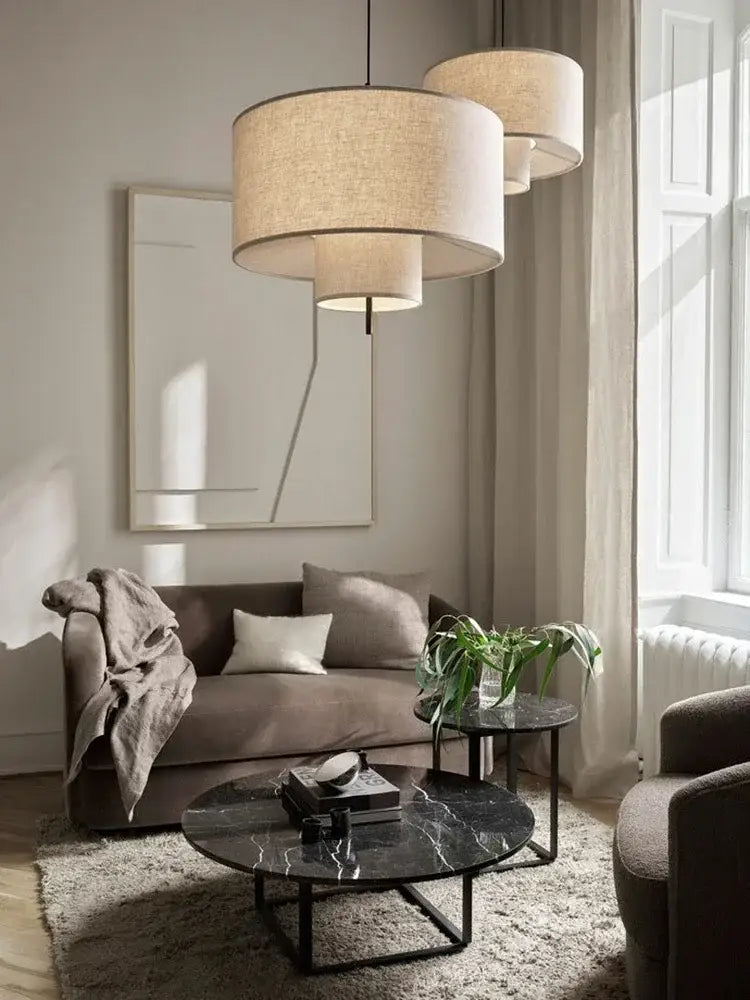 Beige linen pendant lamps with tiered modern cylindrical design for living room decorbites bohemian wabi sabi style