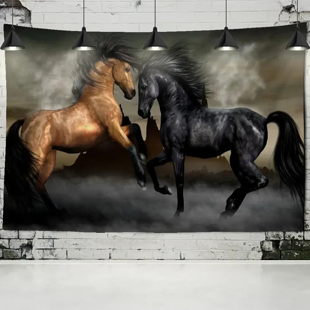 Bohemian white and brown horse print wall hanging decorbites 3d print featuring two galloping horses in misty mountains