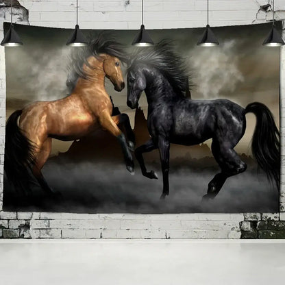 Bohemian white and brown horse print wall hanging decorbites 3d print featuring two galloping horses in misty mountains