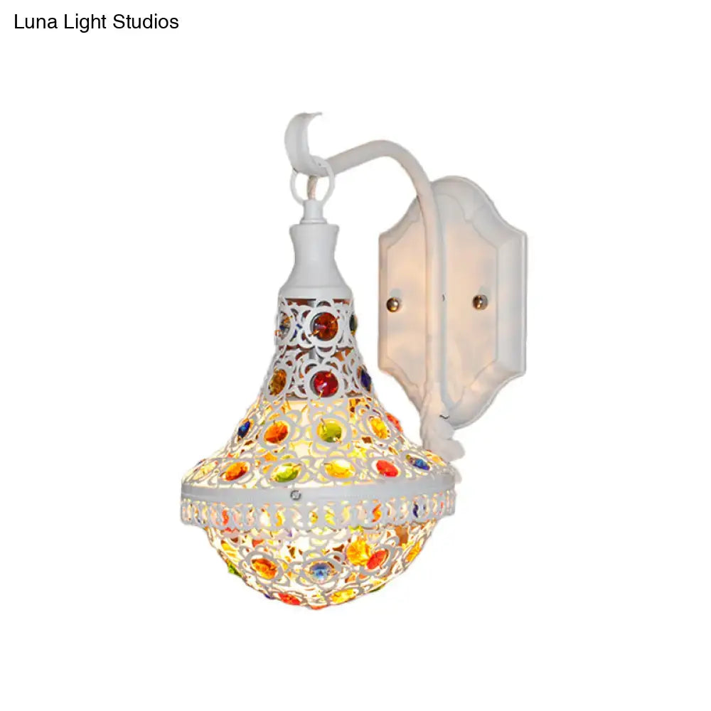 White finish bohemian mosaic wall sconce with decorative pierced metal frame and colorful glass beads for bedroom lighting