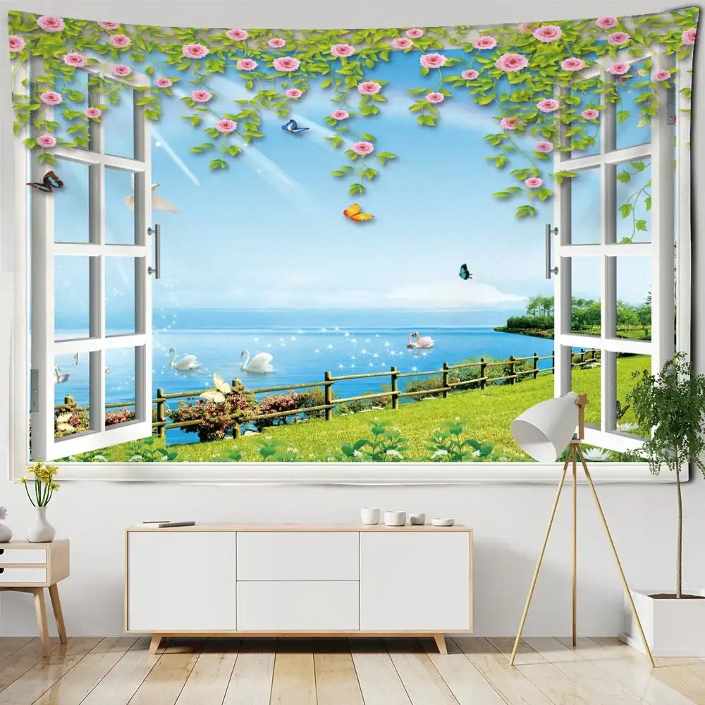 Bohemian wood tapestry wall hanging featuring pink blossoms green vines and butterflies with a coastal garden decorbites view