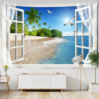 Bohemian wood tapestry wall hanging featuring white window frame design with palm trees and seagulls decorbites bohemian wood