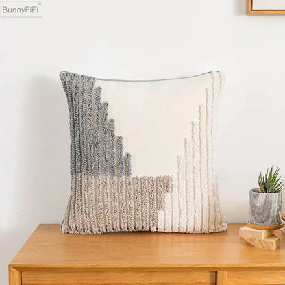 Bunnyfifi boho style cushion cover with textured tufted vertical stripes in grey and cream for home decoration