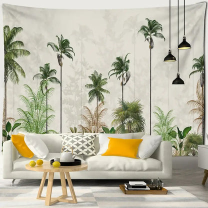 Boho banana tree mist tapestry wall hanging with detailed green banana tree foliage on soft beige background for living room decor