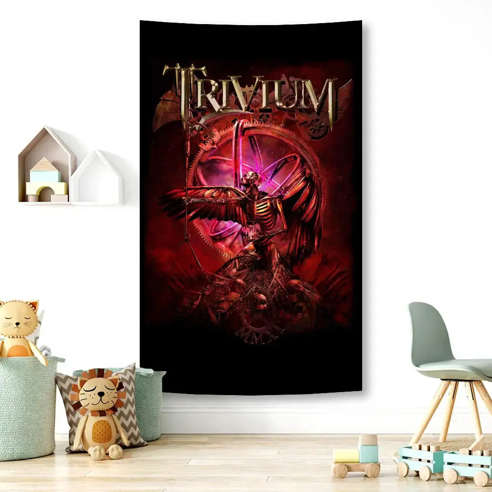Black trivium boho band tapestry flag with skeletal wings and gears on dark red decorbites boho band bedroom wall art