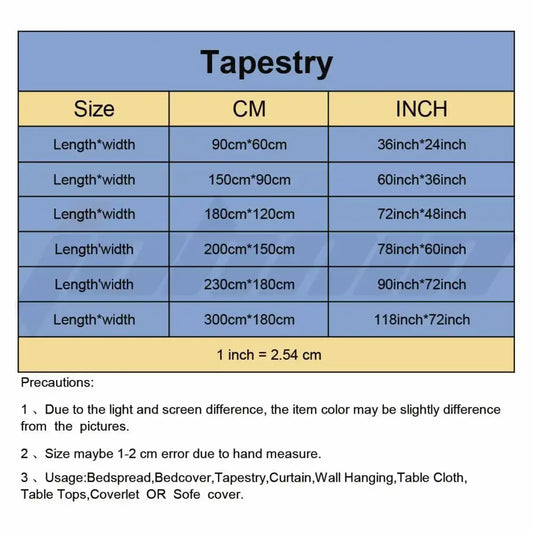 Boho band tapestry flag with measurements in cm and inches for decorbites boho band wall art and bedspread use