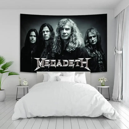 Black and white boho band tapestry featuring megadeth metal band design for bedroom decor by decorbites boho band