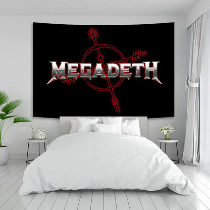 Black megadeth boho band tapestry wall art with red and silver metallic logo hanging above bed for decorbites boho decor
