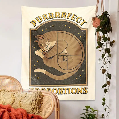 Cream-colored boho beige and gold cute cat tapestry wall hanging with cartoon ginger cat for bedroom decor
