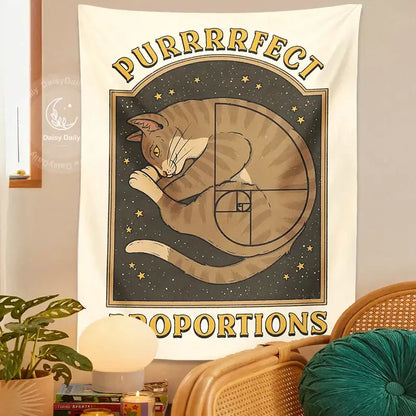 Beige and gold cute cat tapestry wall hanging featuring a sleeping tabby cat in fibonacci spiral for bedroom decor