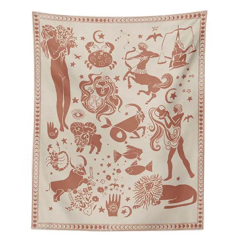 Beige tapestry with intricate reddish-brown zodiac and celestial symbols for decorbites constellation tarot boho decor