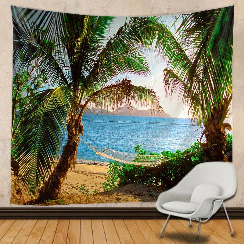 Boho beige beach view mandala tapestry showing hammock between palm trees on tropical beach wall hanging