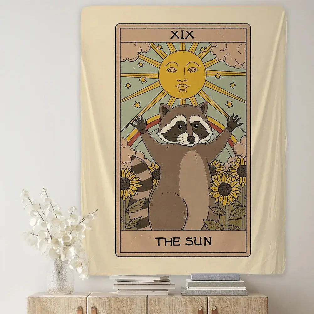 Beige boho tapestry featuring a cute raccoon tarot card design with sun and rainbow details for bedroom wall art