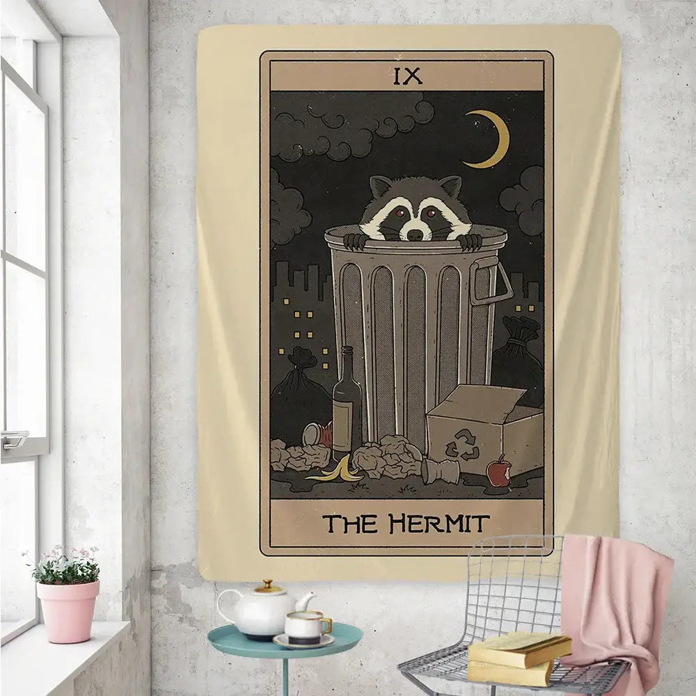 Beige tapestry wall art featuring a cute raccoon tarot card design inspired by the hermit on cream fabric