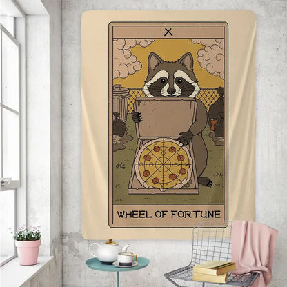 Beige tapestry wall art featuring a cute raccoon tarot card holding a pizza box in wheel of fortune design