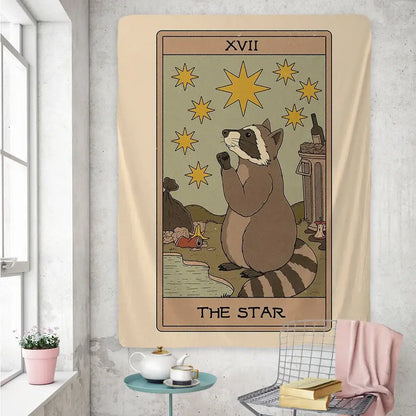 Beige tapestry featuring a cute raccoon tarot card design with golden stars and earthy tones for bedroom wall art