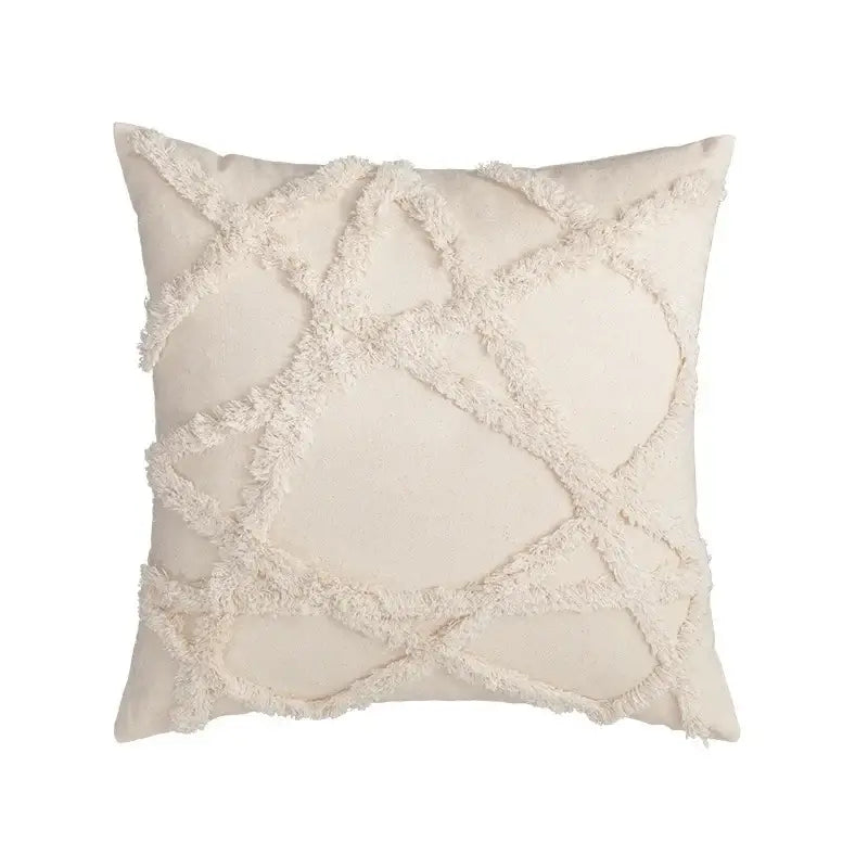 Cream-colored cushion cover with textured frayed geometric pattern beige boho style decorbites beige boho pillow case