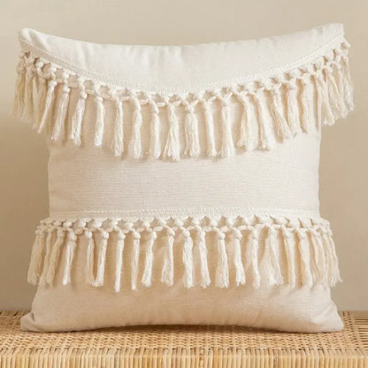 Cream-colored cotton cushion cover with two rows of hand-knotted macrame tassels decorbites beige boho style