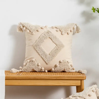 Beige boho style cushion cover with textured diamond embroidery pom-poms tassels for living room decorbites beige boho