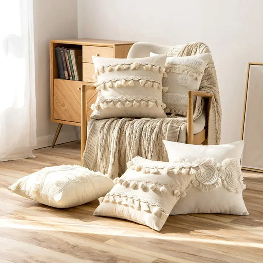 Cream-colored boho beige tufted cushion cover with textured tassels and crochet accents for living room decorbites tufted fringed style