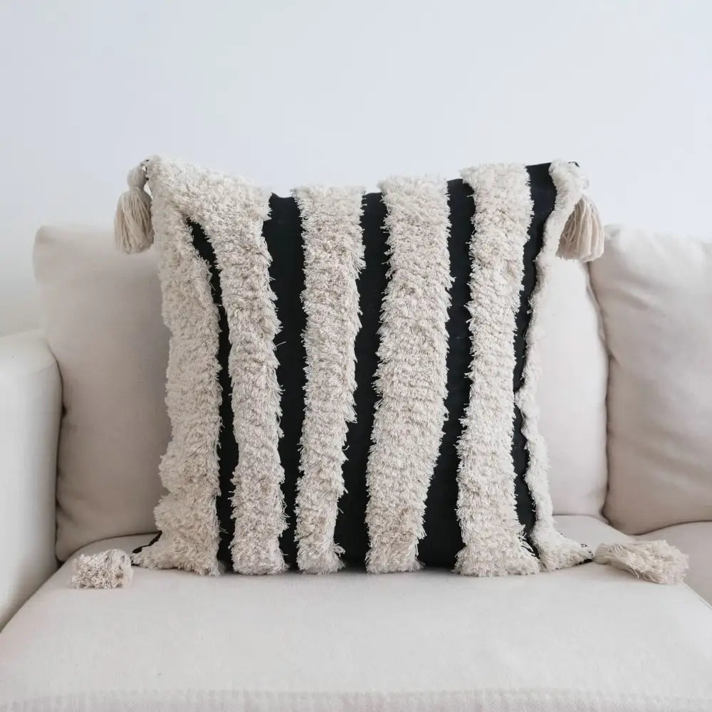 Black and cream tassel throw pillow with vertical stripes for decorbites boho beige white pillow cases living room decor