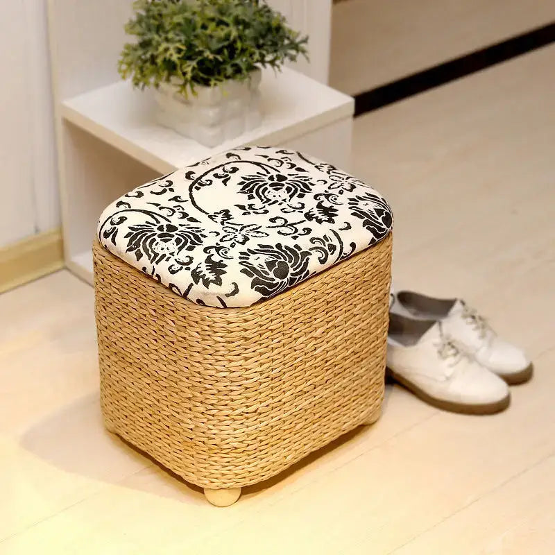 Boho beige woven rattan 3-in-1 storage stool with woven seagrass body and black and white damask cushion