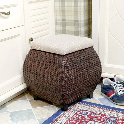 Brown woven rattan 3-in-1 storage stool with light beige cushion featuring white polka dots for bedroom use